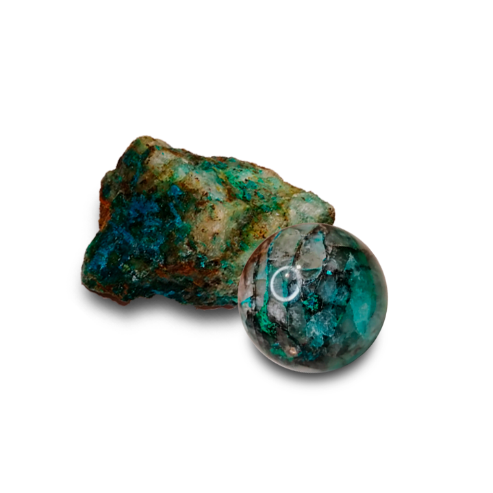Chryso quartz sphere and rough rock Fluorescent and phosphorescent Coati Aragonite