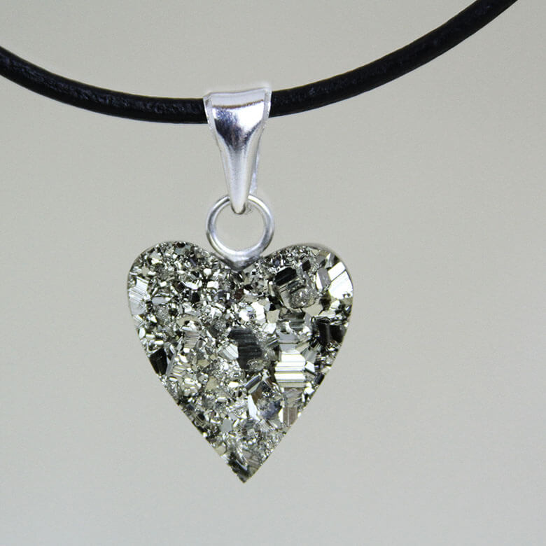 Pyrite heart crystal surface a tiny Sterling silver moon pendant with crushed pyrite crystals