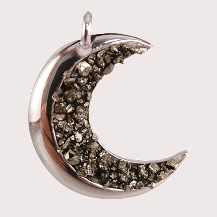 Sterling silver moon pendant with crushed pyrite crystals