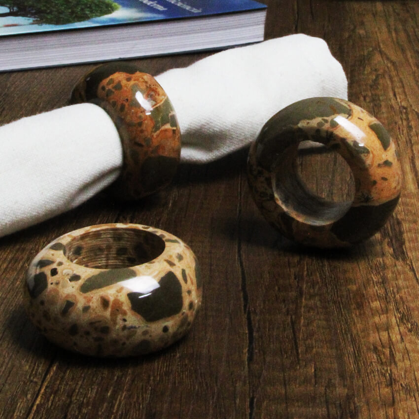 Exclusive napkin rings hand-made from leopardite
