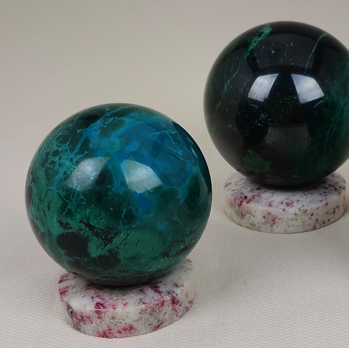 Cherry Blossom Stone sphere stands 3 cinnabrite ethical crystals Gemrock