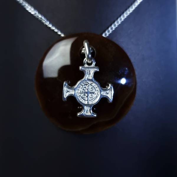 Medieval sterling silver cross Pendant on chocolate calcite basestone ethical jewelry gemrock