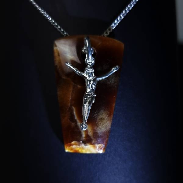jesus on cross sterling silver Pendant on chocolate calcite basestone ethical jewelry gemrock