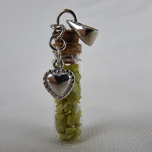 Lizardite Tiny gemstone-bottle pendants with sterling silver charms gemrock ethical crystal jewelry Lizardite Tiny gemstone-bottle pendants with sterling silver charms gemrock ethical crystal jewelry
