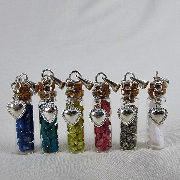 Tiny gemstone-bottle pendants with sterling silver charms gemrock ethical crystal jewelry Tiny gemstone-bottle pendants with sterling silver charms gemrock ethical crystal jewelry