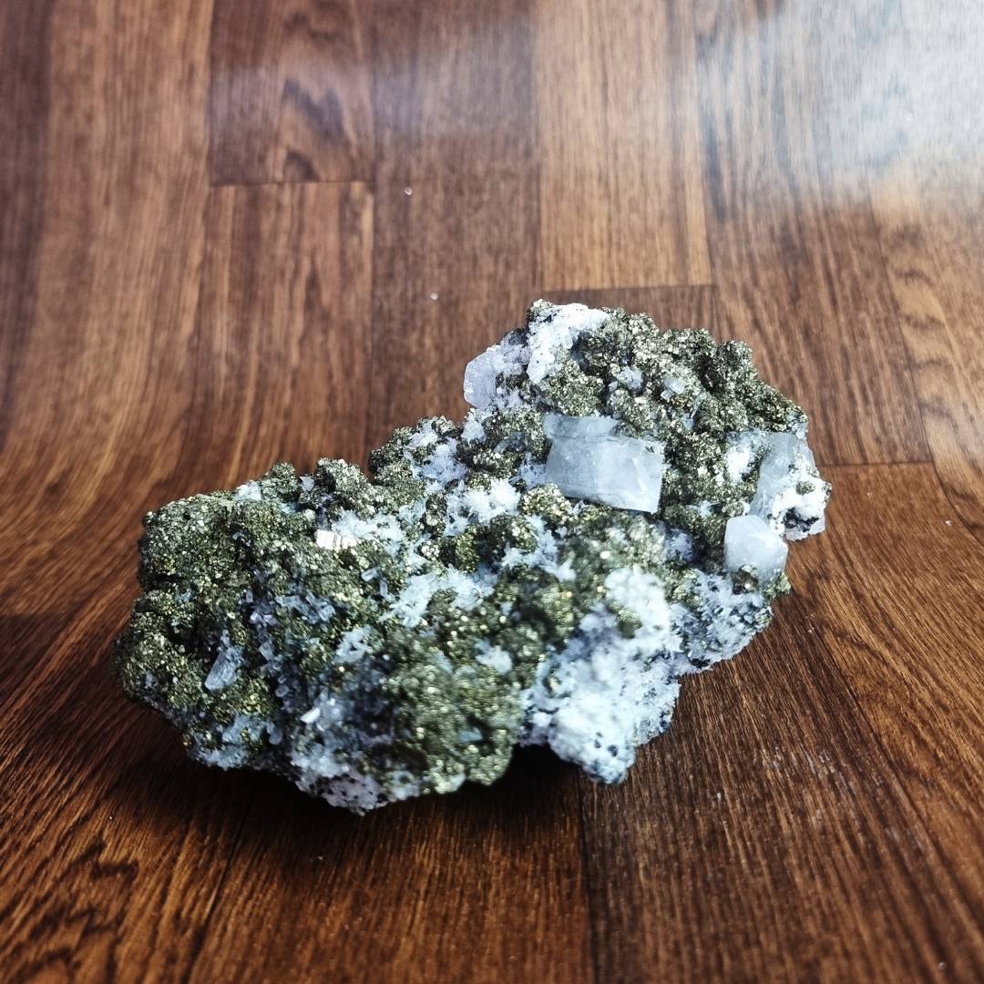 crystal cluster pyrite chalcopyrite, fluorescent calcite, quartz, clearance sale offer