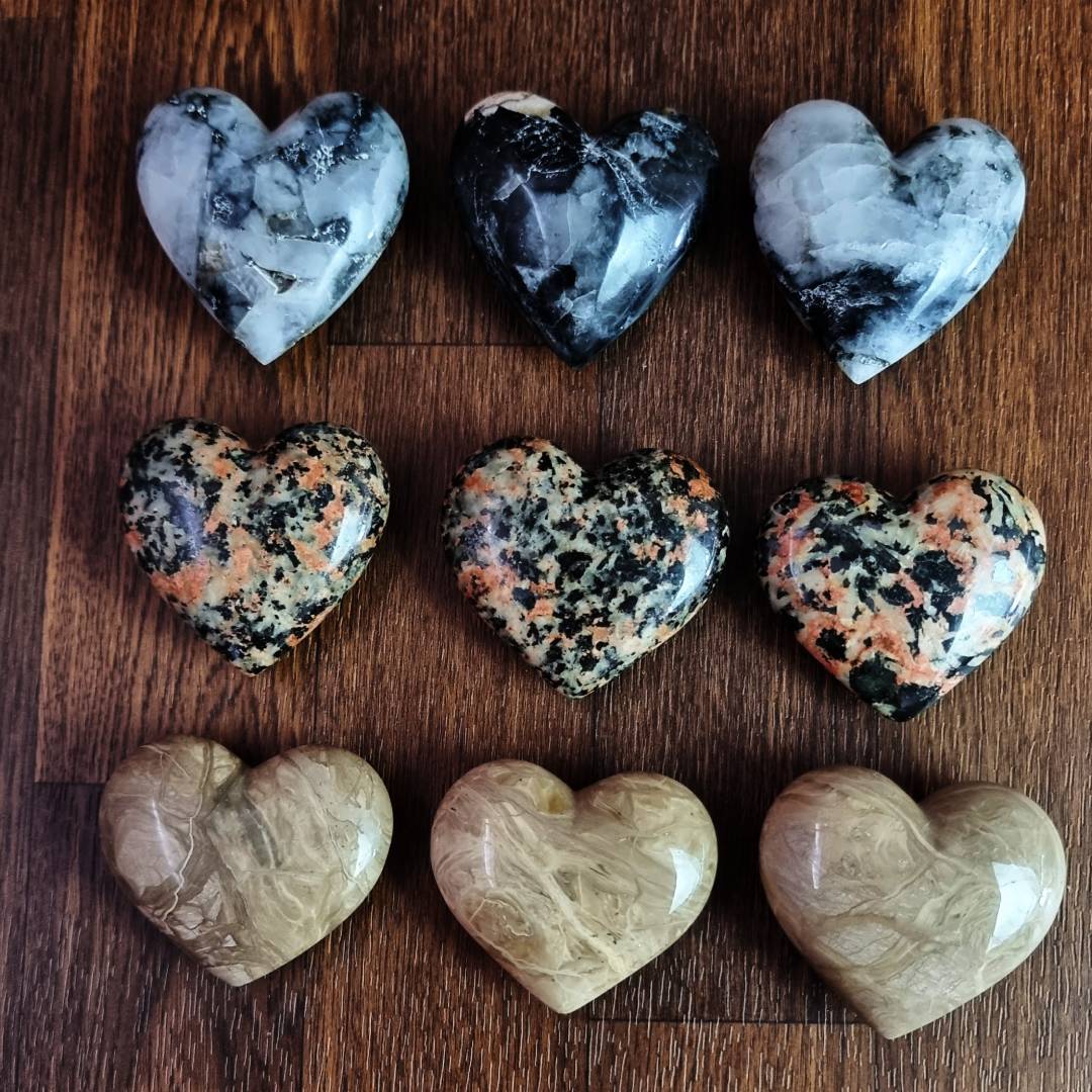 tourmaline in quartz, morning rose granite, caramel calcite hearts clearance sale offer