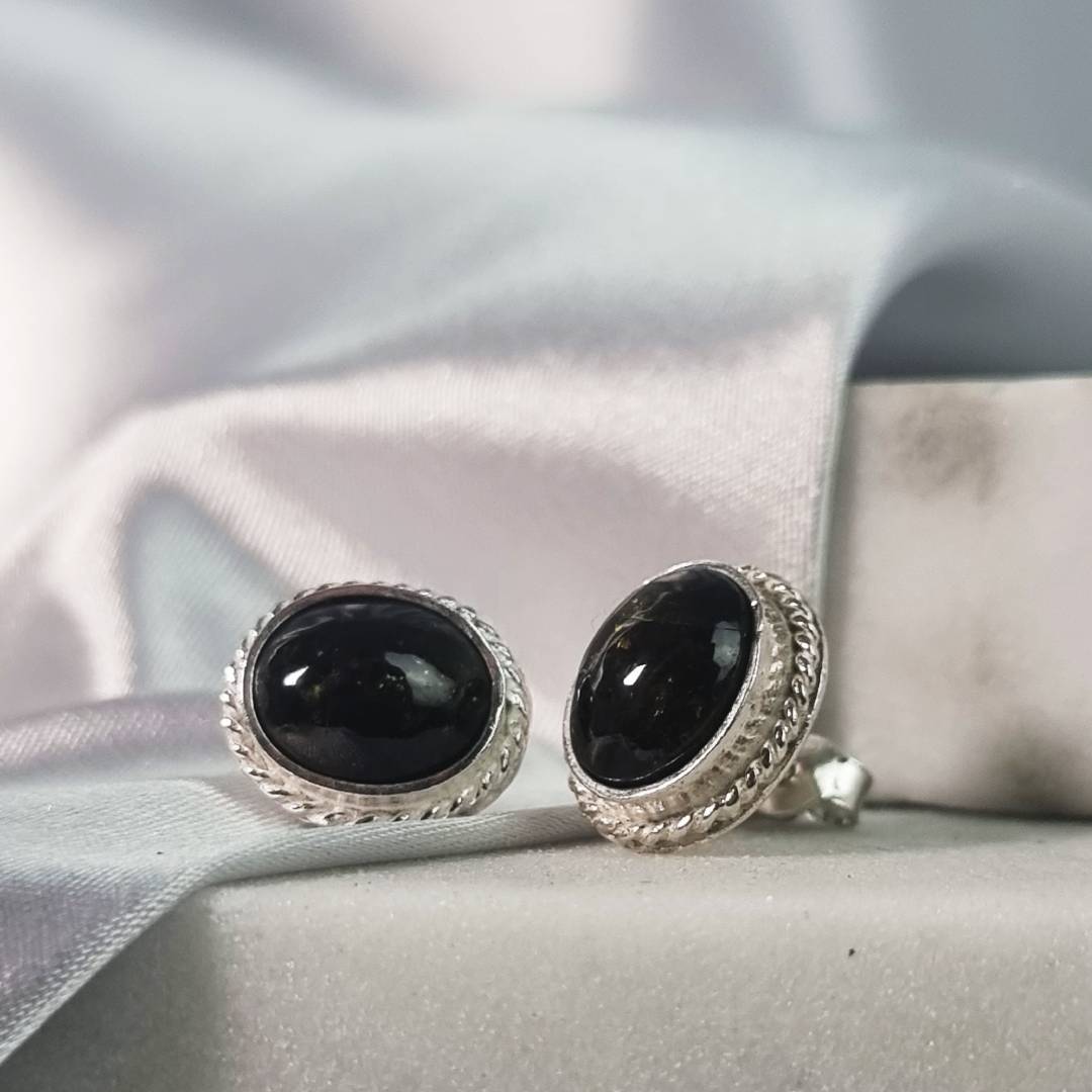 Oval crystal ear pin iridiscent epidote crystal with sterling silver gemrock jewelry