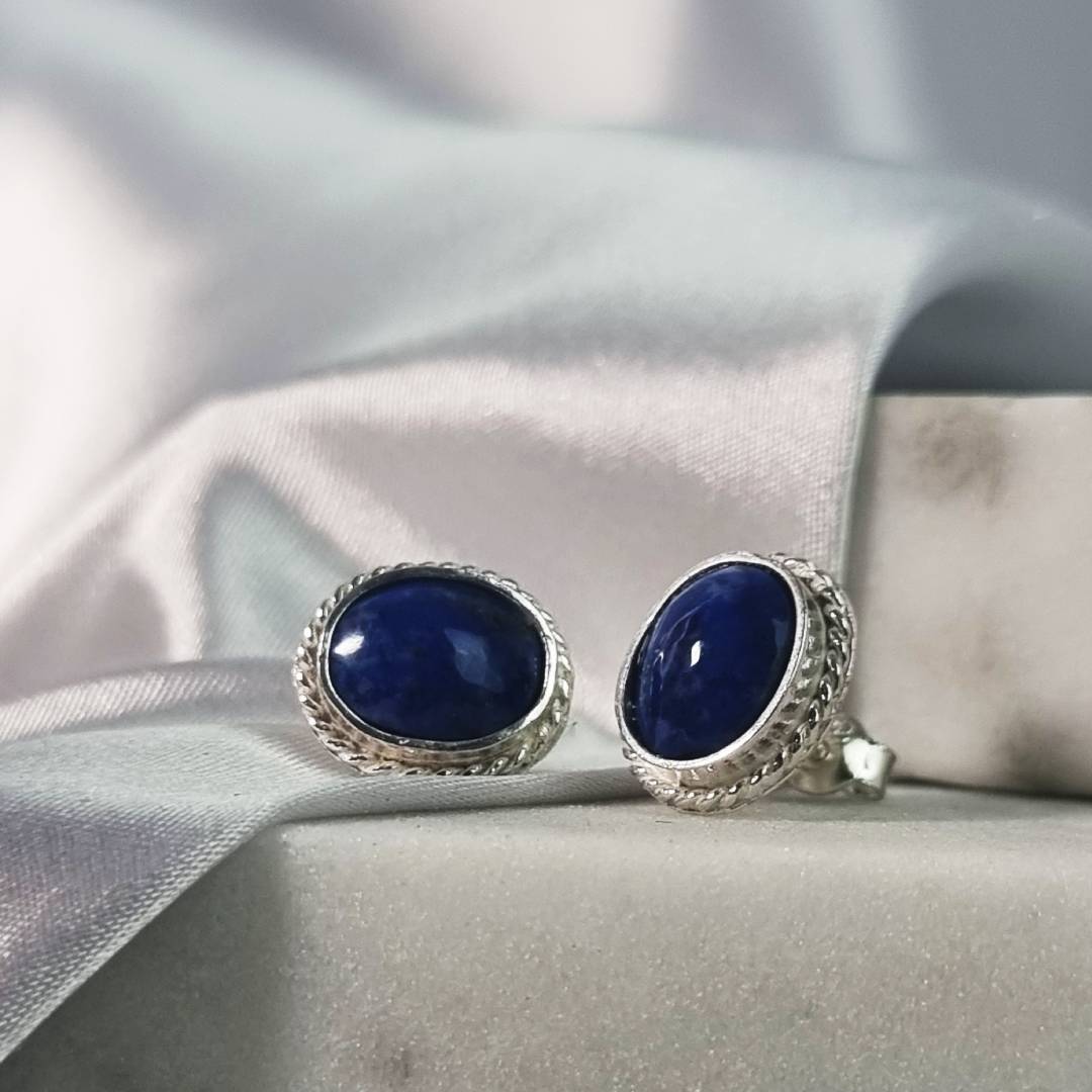 Oval crystal ear pin lapis lazuli with sterling silver gemrock jewelry