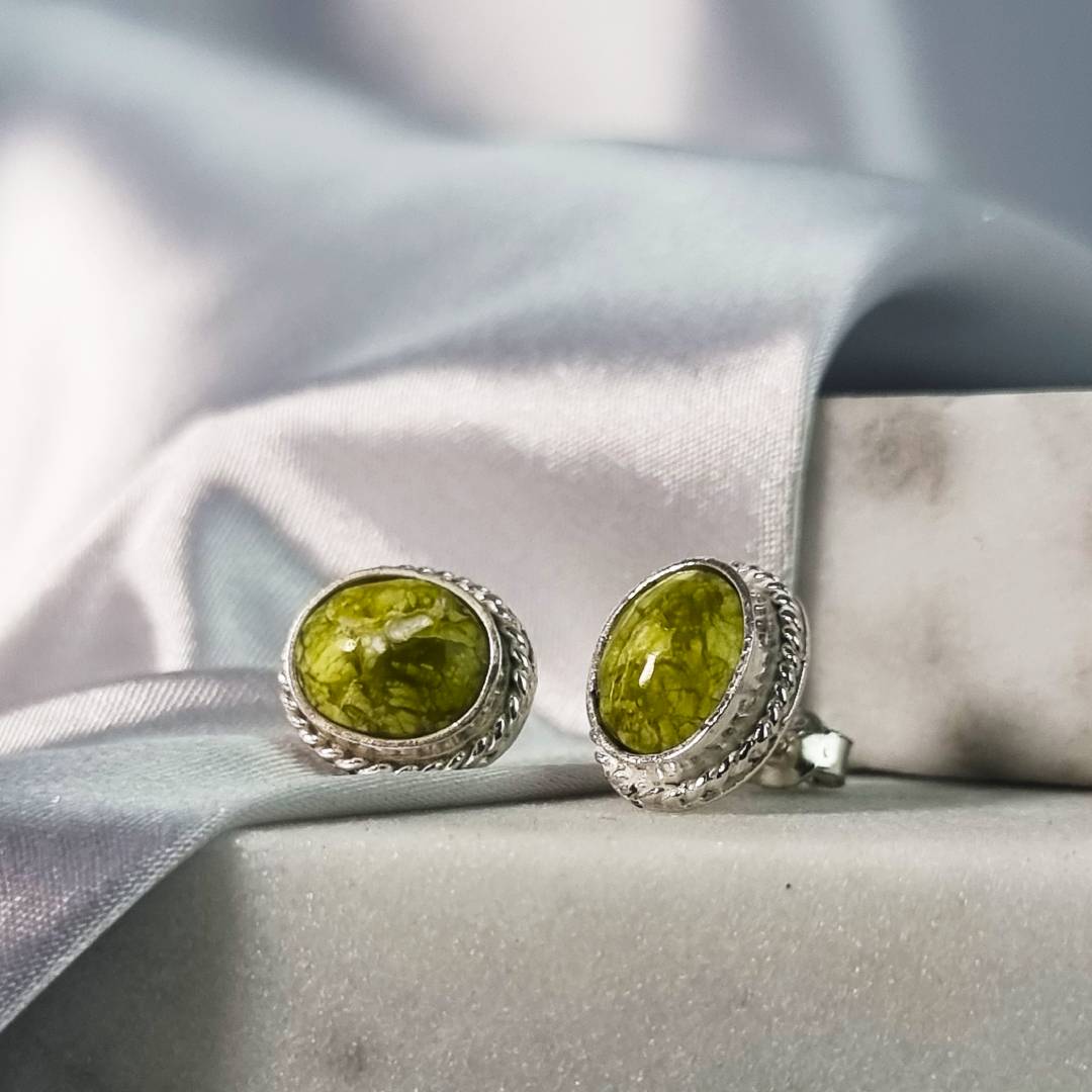 Oval crystal ear pin lizardite with sterling silver gemrock jewelry