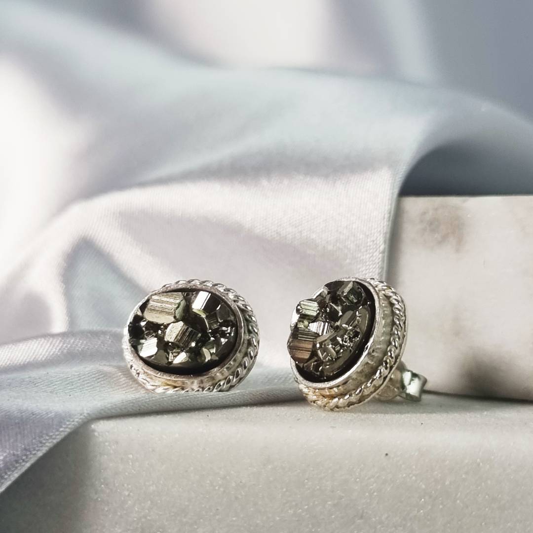 Oval crystal ear pin pyrite with sterling silver gemrock jewelry