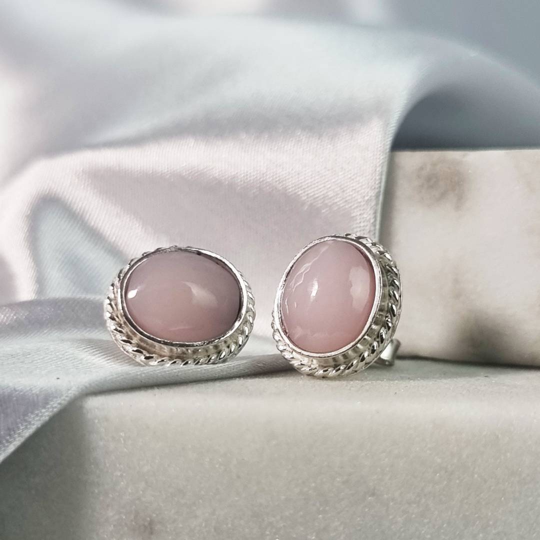 Oval crystal ear pin pink opal with sterling silver gemrock jewelry