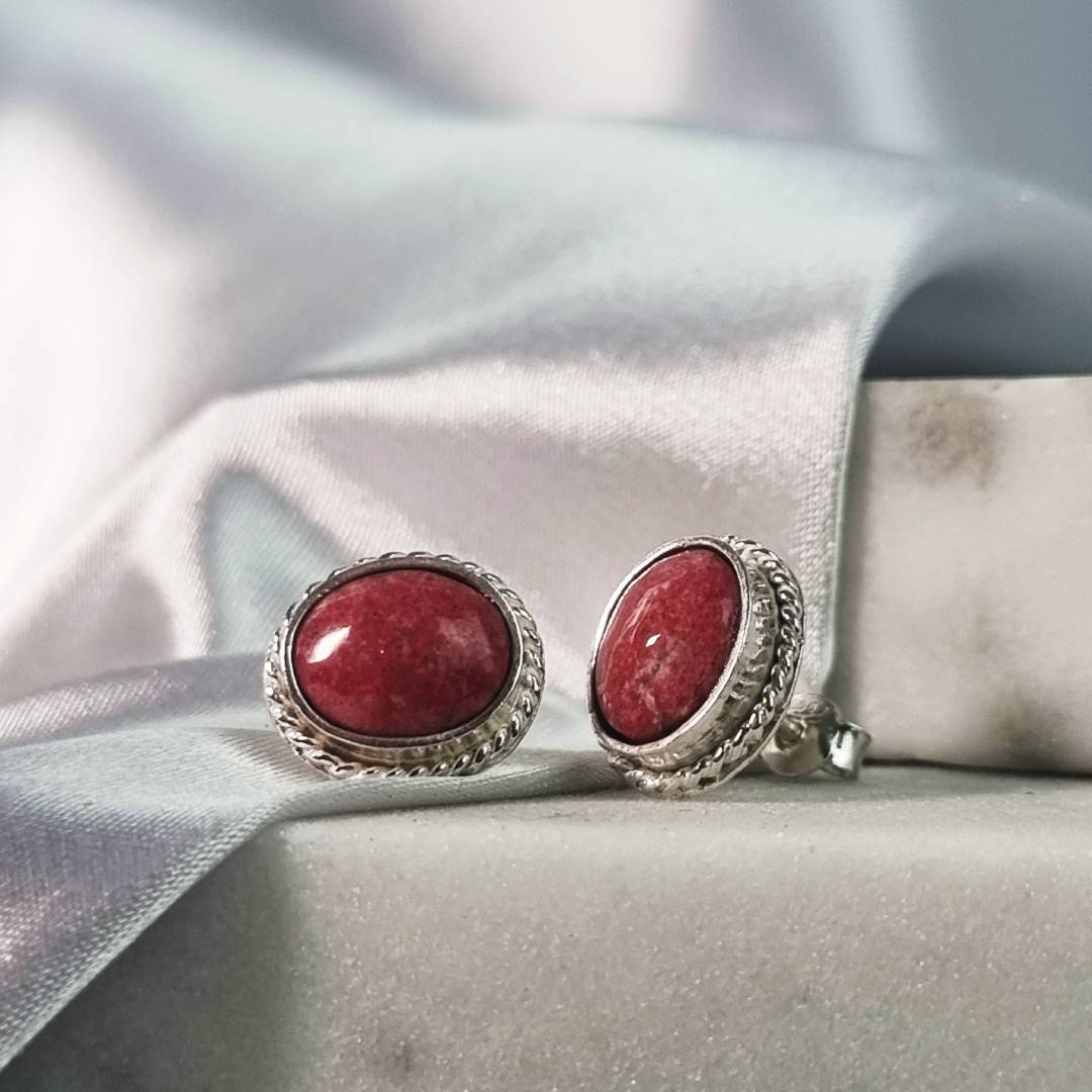 Oval crystal ear pin thulite with sterling silver gemrock jewelry