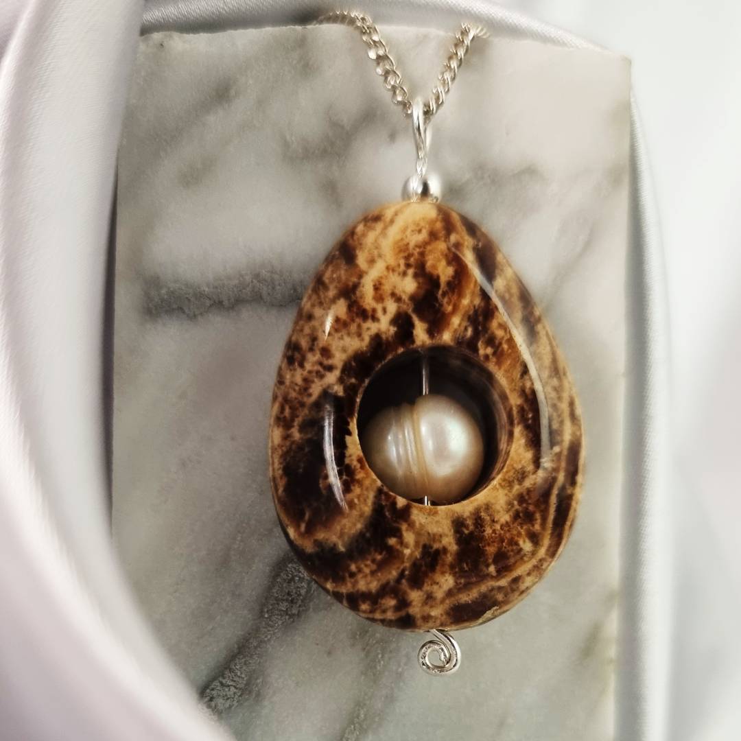 Aragonite Drop pendant with pearl and silver pin Gemrock jewelry