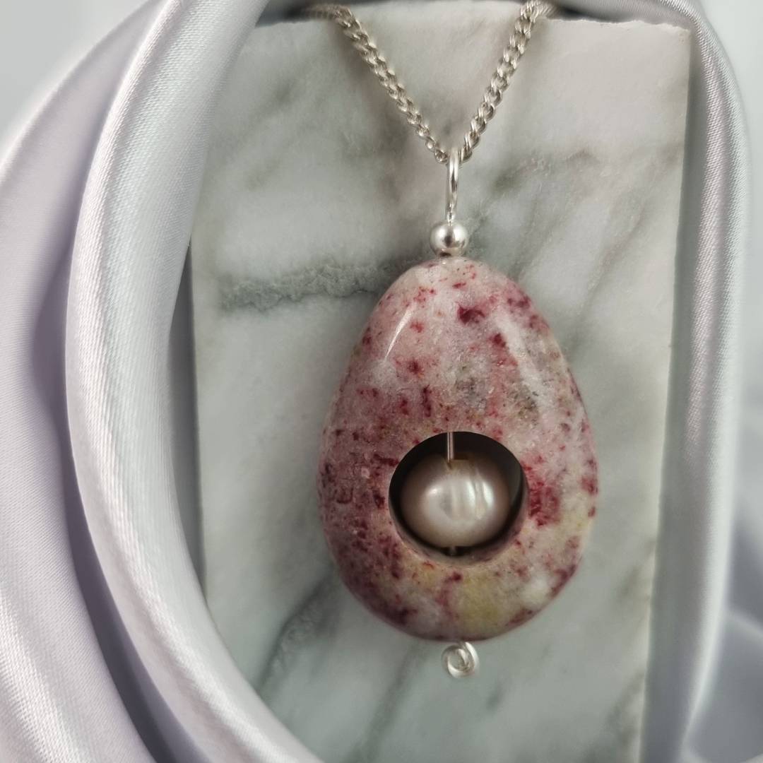 Cherry blossom stone Drop pendant with pearl and silver pin Gemrock jewelry