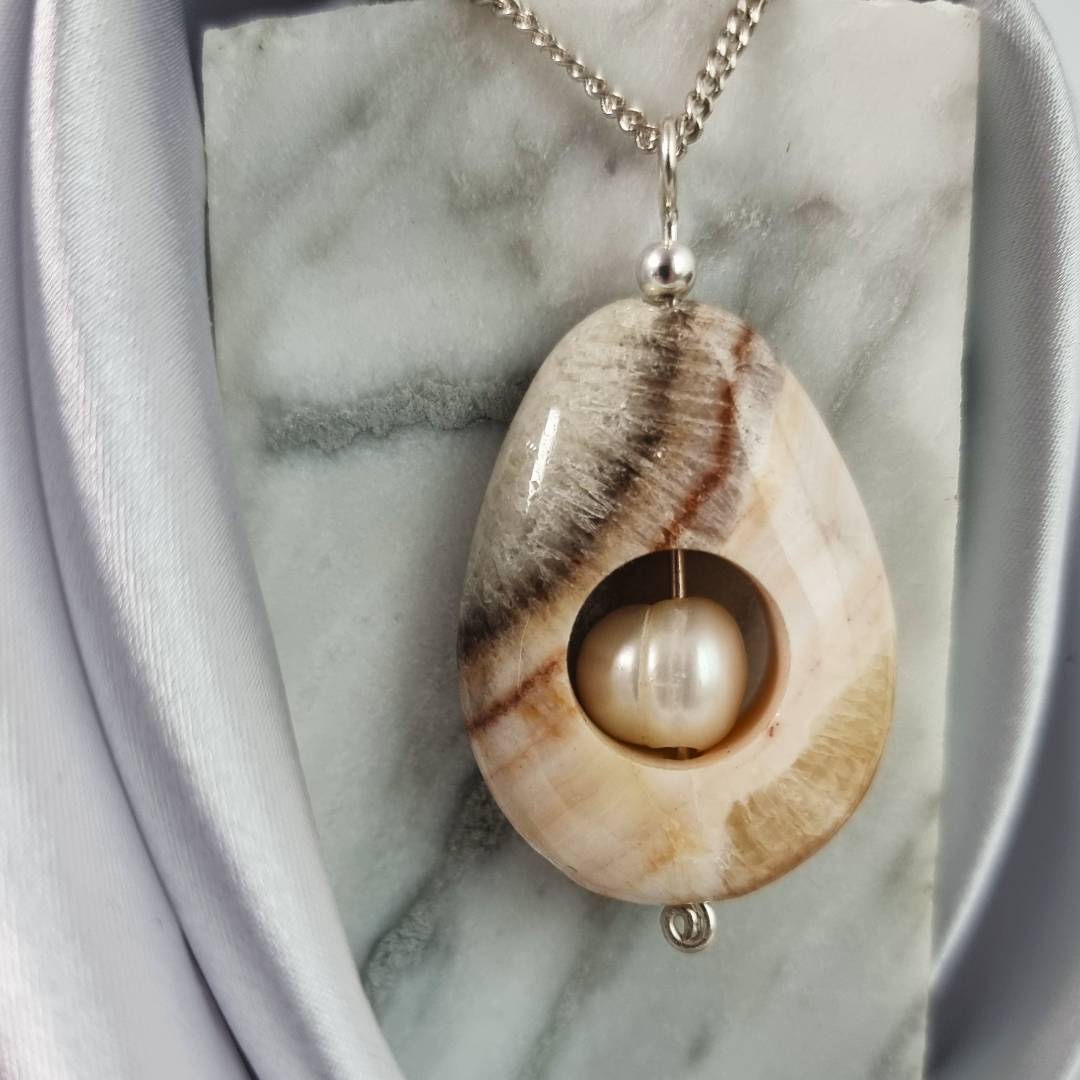 Coati Aragonite Drop pendant with pearl and silver pin Gemrock jewelry 2