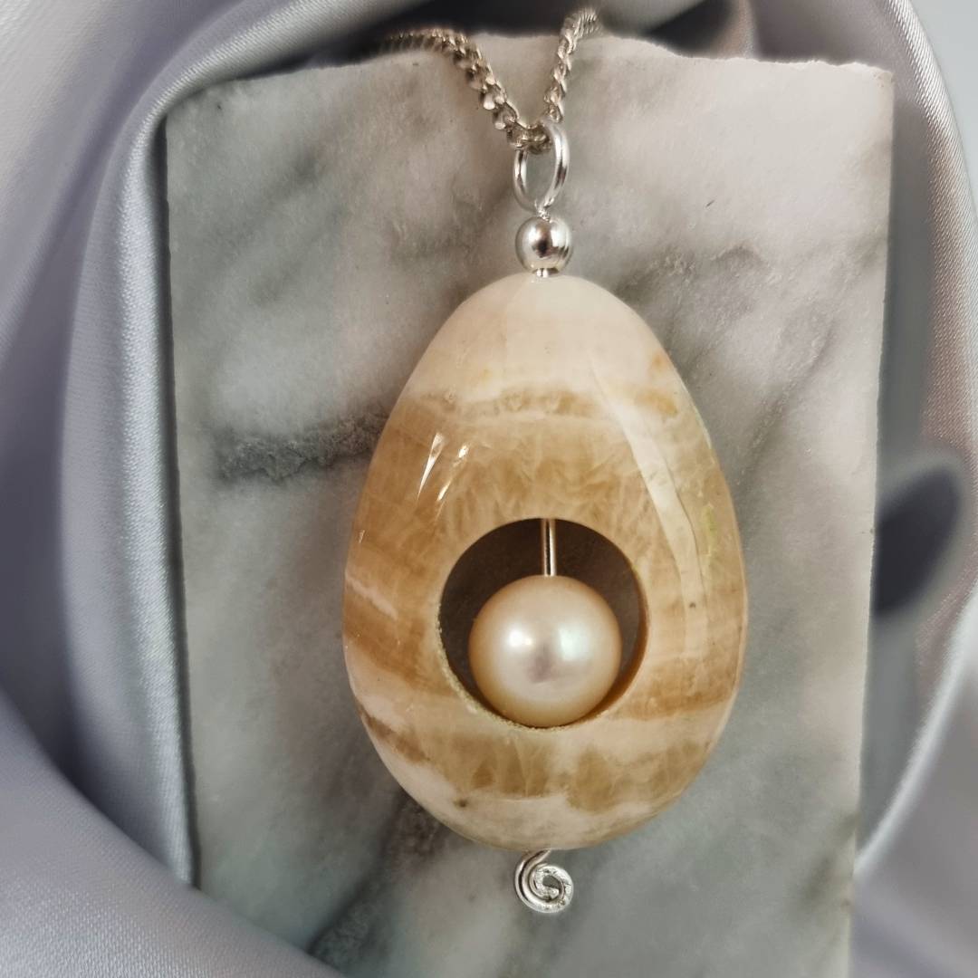 Coati Aragonite Drop pendant with pearl and silver pin Gemrock jewelry