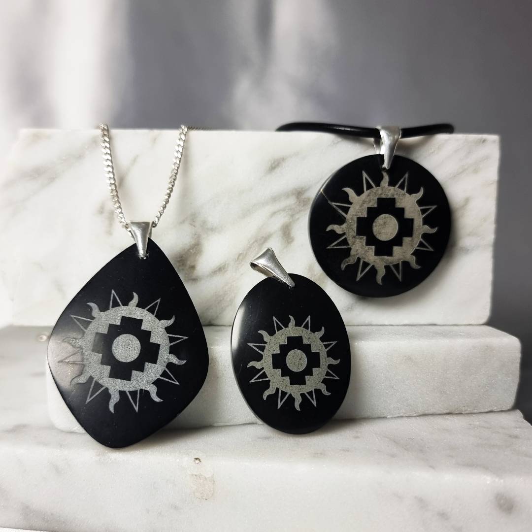 Engraved black jade pendants with silver hanger - gemrock jewelry 1