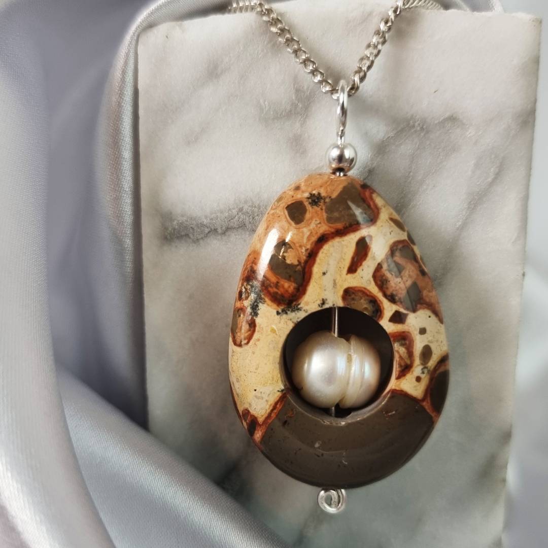 Leopardite Drop pendant with pearl and silver pin Gemrock jewelry