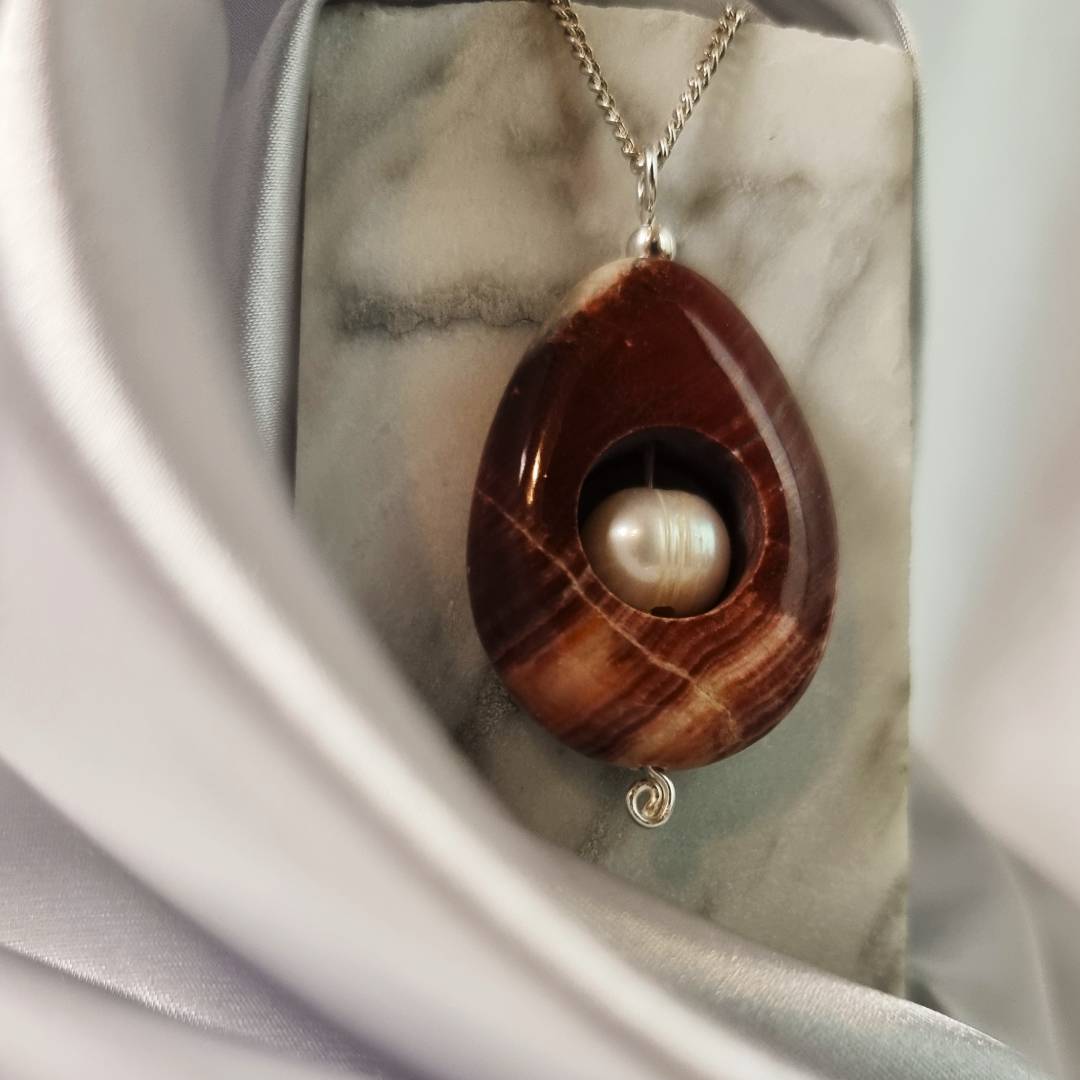 Red Aragonite Drop pendant with pearl and silver pin Gemrock jewelry