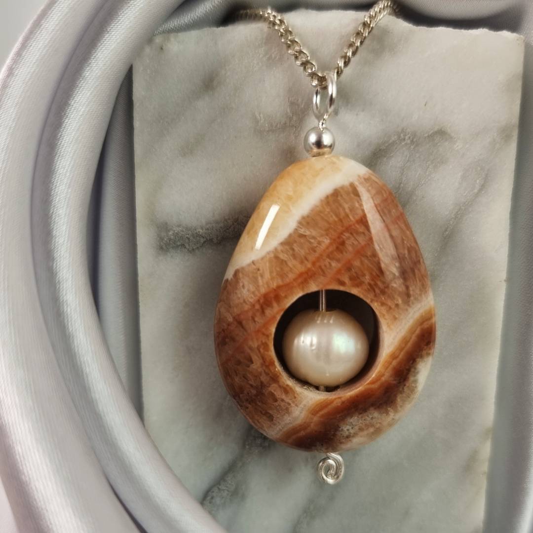 Tiger Aragonite Drop pendant with pearl and silver pin Gemrock jewelry 2