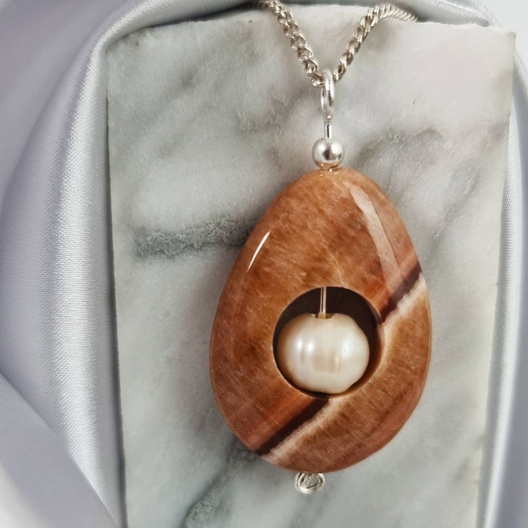 Tiger Aragonite Drop pendant with pearl and silver pin Gemrock jewelry 3