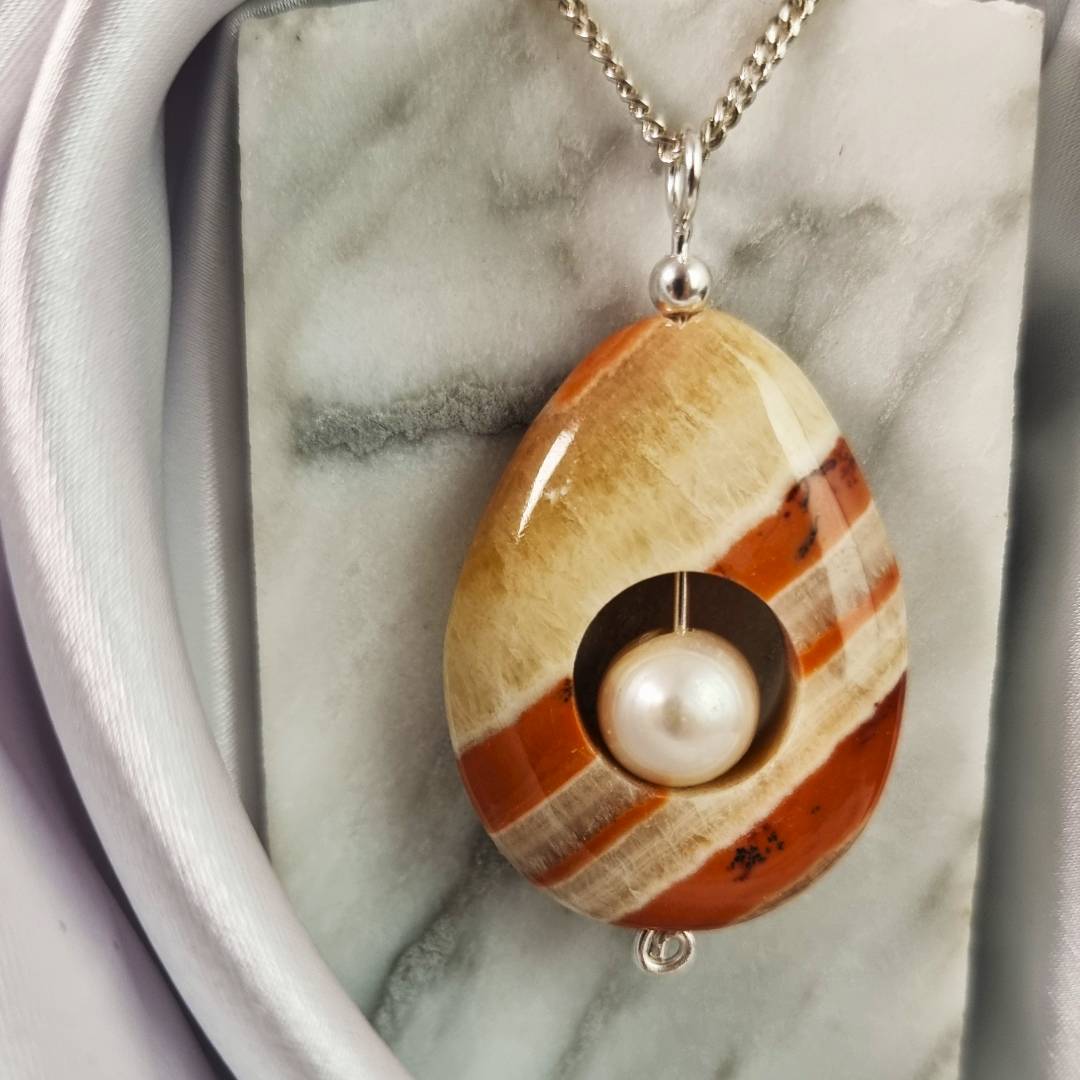 Tiger Aragonite Drop pendant with pearl and silver pin Gemrock jewelry