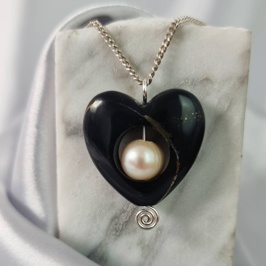 heart pendant black jade silver and pearl gemrock jewelry