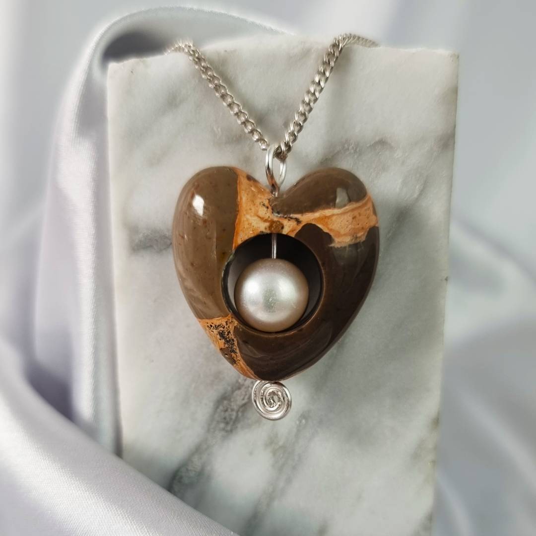 heart pendant leopardite silver and pearl gemrock jewelry